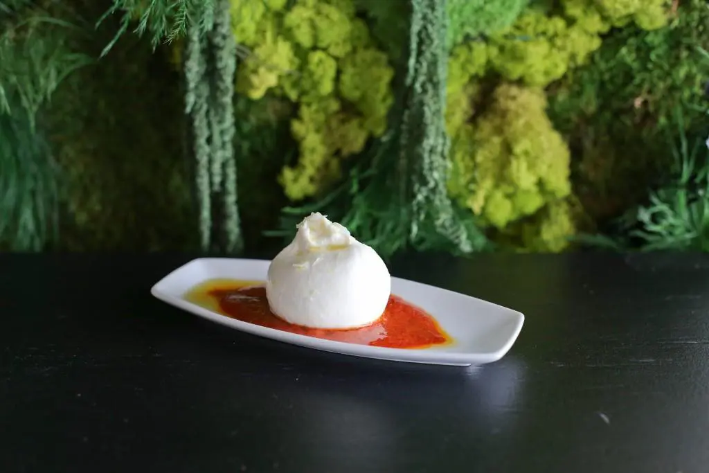 Buratina au lait cru et pistou de tomates