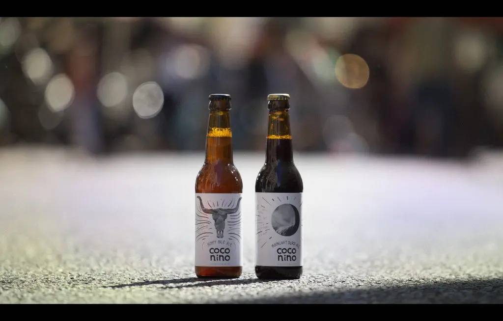 Coconino, portrait de deux amis brasseurs deux bouteilles de bière Coconino